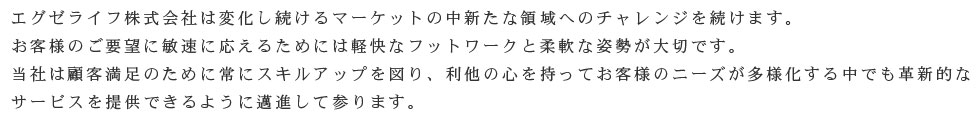 エグゼライフ株式会社は変化し続けるマーケットの中新たな領域へのチャレンジを続けます。
お客様のご要望に敏速に応えるためには軽快なフットワークと柔軟な姿勢が大切です。
当社は顧客満足のために常にスキルアップを図り、利他の心を持ってお客様のニーズが多様化する中でも革新的なサービスを提供できるように邁進して参ります。